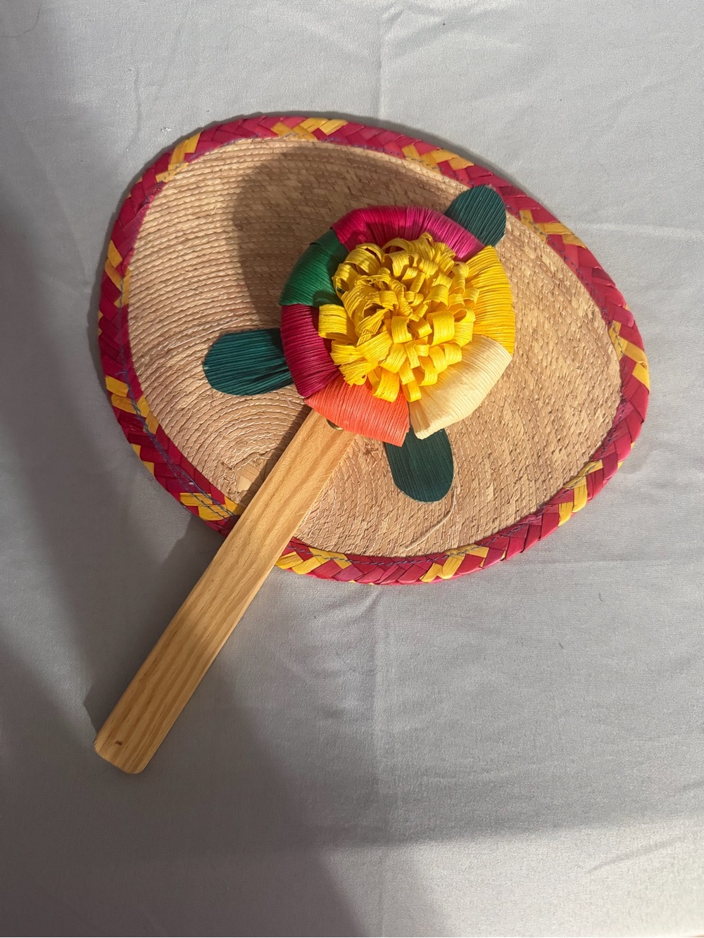 Straw Hand Fan with Multicolor Flower Accent - Yellow, Green, Pink